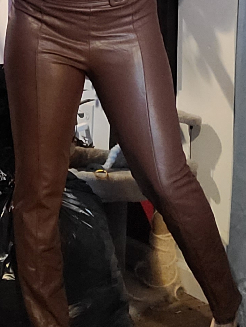 Faux Leather High-Waist Brown Skinny Pants with Detachable Belt